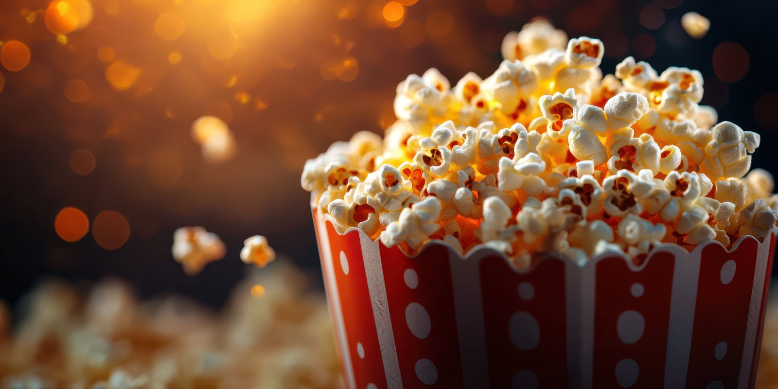 Freshly popped popcorn fills a classic striped container against a warm, glowing background during a movie night